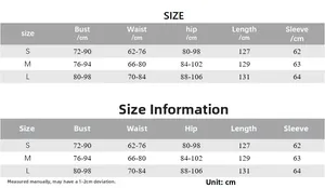 Detailed size chart for slim fit long sleeve jumpsuit set showing S, M, L dimensions