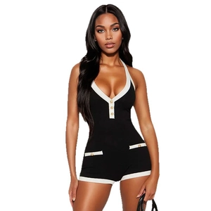Combishort sexy à licou et col en V pour femme en noir et blanc avec boutons dorés