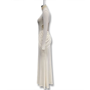 Detail of off-white high-neck maxi dress with side waist cutout and ruched draping