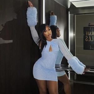 Slim fit light blue mesh mini dress with cutout design and oversized faux fur cuffs