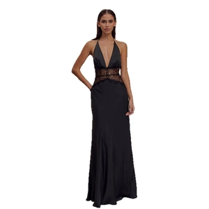 Elegant black halter maxi dress with deep V-neck and sheer lace patchwork detailing