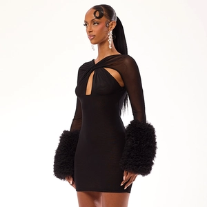Fashionable black bodycon mini dress with cutout mesh and ruffled sleeves for women