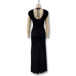 Detailed back view of ruched black backless maxi dress with elegant halter neck ties