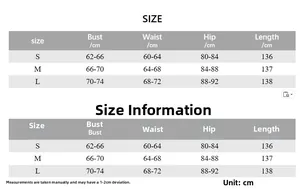 Size chart for deep V backless fishtail dress showing bust, waist, and hip measurements
