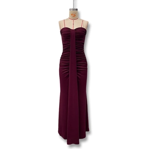 Detailed ruching design on a deep purple sleeveless bodycon evening maxi dress