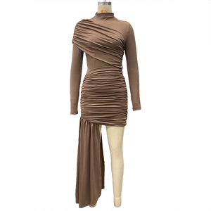 Detail of dark brown ruched bodycon dress with asymmetrical long ribbon drape