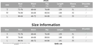 Size chart table showing S, M, L dimensions for long sleeve off-shoulder dress