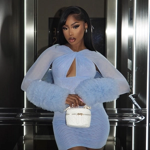 Sexy Mesh Patchwork Cut-out Bodycon Mini Dress For Women Long Sleeve Ruffle Cuffs Twisted Front Party Club Night Out Dress