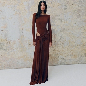 Robe Maxi Femme Col Rond Manches Longues Ajouré Froncé Coupe Ajustée Polyester Élasthanne Automne Élégant Soirée Fête