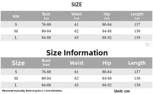 Size chart for backless bodycon dress with S, M, L measurements in centimeters