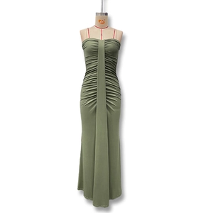 Detail of sage green sleeveless maxi dress with ruching and central decorative sash