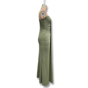 Detail of olive green strapless dress featuring slimming side ruching and pleated fabric