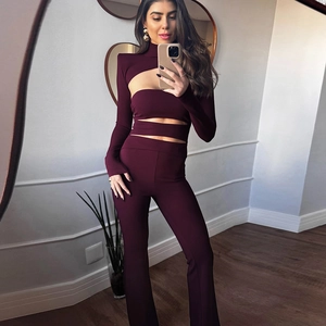 Detail of burgundy turtleneck crop top with hollow cut-outs and matching flared trousers