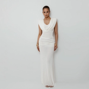 Elegant Cowl Neck Ruched Maxi Dress Sleeveless Bodycon Evening Party Long Dress For Women Polyester Spandex Slim Fit