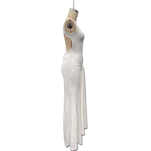 Detail view of white backless bodycon dress with side draping and elegant waist pleats