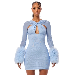 Slim fit light blue mesh mini dress with cutout front and ruffled long sleeves
