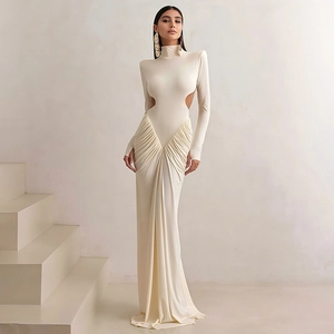 Elegant High Neck Long Sleeve Maxi Dress For Women Ruched Cut-out Backless Slim Fit Bodycon Banquet Evening Party Dress