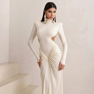 Elegant cream high-neck long sleeve maxi dress with side cut-outs and pleated details