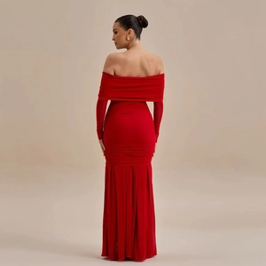 Back view of elegant red off-shoulder slim-fit dress with ruched fishtail detail