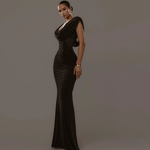 Elegant black slim fit velvet maxi dress with cowl neck and waist pleats for formal occasions
