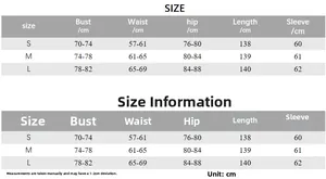 Guide des tailles pour robe longue plissée ajustée à manches longues en tailles S, M, L