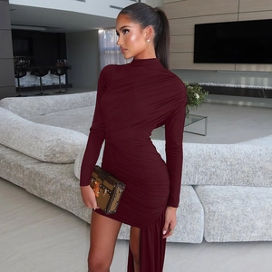 Slim fit burgundy ruched long sleeve dress with elegant round neck and irregular hem