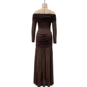 Detail showing brown off-shoulder dress with pleated texture and sheer mesh hemline