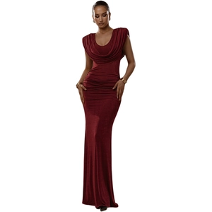 Elegant wine red evening dress with cowl neck and side ruching in a slim fit silhouette