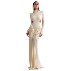 Slim fit beige long sleeve maxi dress with turtleneck and stylish side cutouts