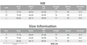 Detailed size chart for mesh long sleeve solid color jumpsuit dress in S, M, L sizes