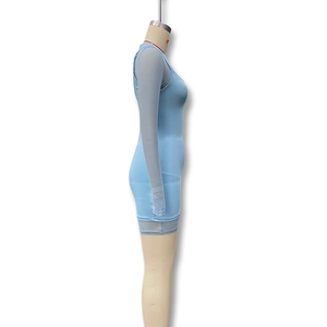 Detail of light blue bodycon dress featuring sheer mesh sleeves and slim fit silhouette