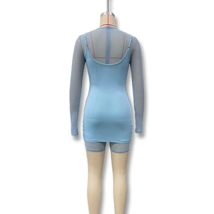 Rear view of light blue bodycon mini dress set with sheer mesh long sleeve overlay