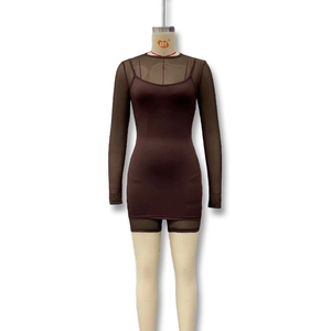 Detail of coffee brown long sleeve mesh top and bodycon slip dress ensemble