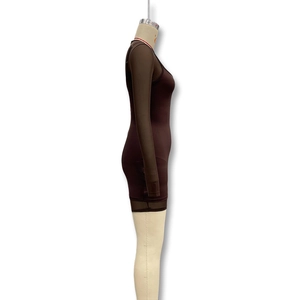 Detail view of coffee brown long sleeve bodycon dress with sheer mesh paneling