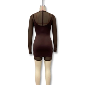 Detail of dark brown mesh dress with long sleeves and hidden back zipper closure