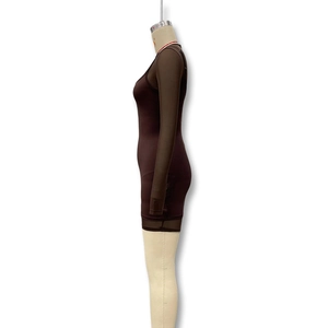 Detail view of brown bodycon dress with sheer mesh long sleeves and slim fit design