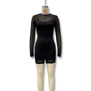 Detail of black long sleeve bodycon dress with mesh overlay and inner bodysuit