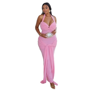 Pink halter neck bodycon dress with pleated V-neck and decorative metal ring detail