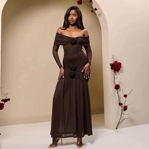 Elegant deep brown off-shoulder slim dress with 3D rose details and sheer skirt