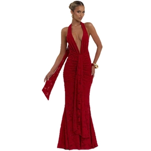 Elegant red deep V-neck halter evening dress with rose embossed texture and mermaid hem