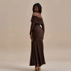 Elegant chocolate brown off-shoulder long sleeve ruched midi dress for parties