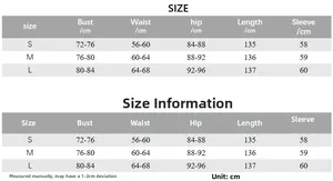Detailed size guide table for slim fit long sleeve ruched dress with measurements in cm