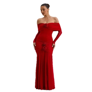 Elegant red off-shoulder slim-fit maxi dress with 3D rose details and long sleeves
