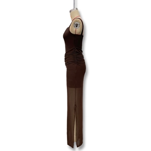 Detailed side view of dark brown bodycon dress showing waist rushing and side slit