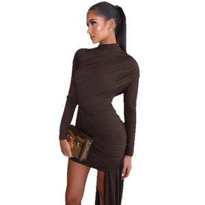 Chocolate brown slim fit ruched long sleeve dress with asymmetric hem and side tail