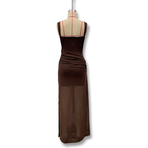 Detail view of back invisible zipper and mesh patchwork on brown bodycon dress