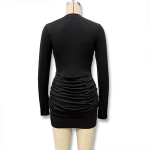 Close-up detail of the ruched back design on this black slim-fit mini dress for women
