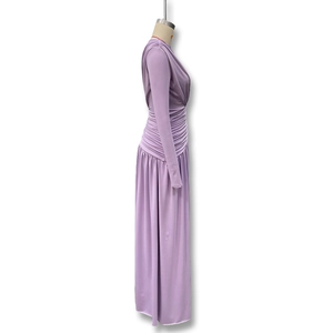 Detail of lavender ruched waist and side drape on long sleeve slim fit dress