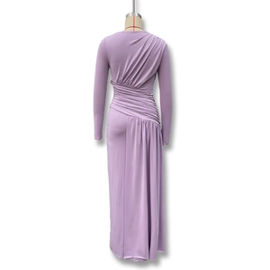 Detail of lavender slim fit long sleeve dress showing asymmetrical side ruching design