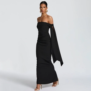 Elegant black off-the-shoulder tube dress with a long decorative streamer and slim fit